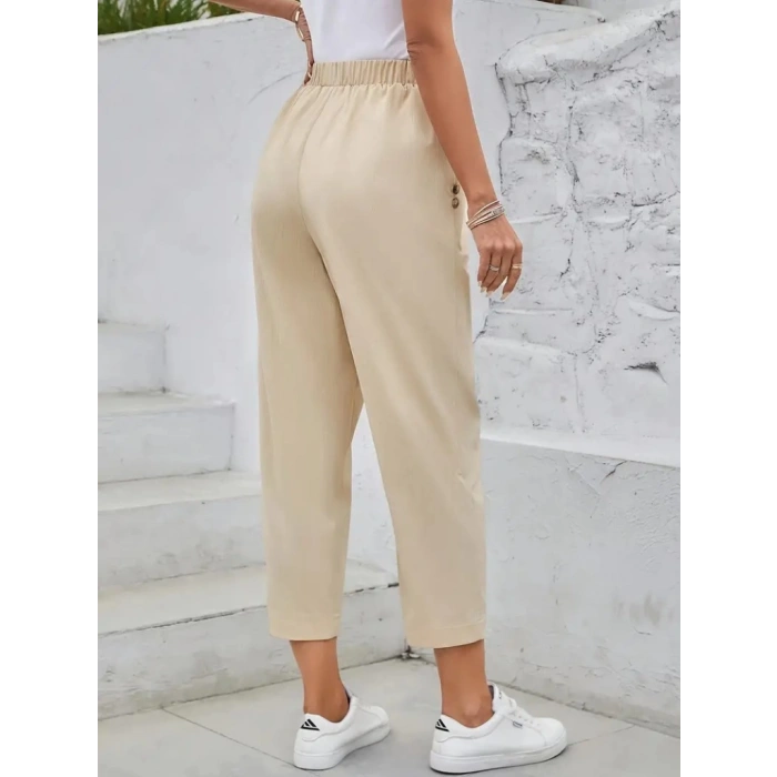 MDB Kadın Yüksek Bel Yandan Cepli Düğme Detaylı Geniş Kesim Ithal Krep Pantolon