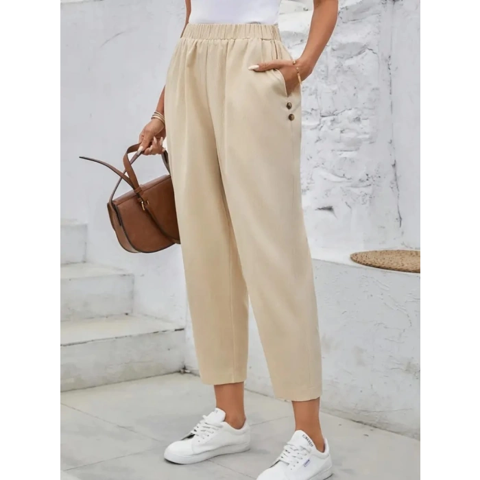 MDB Kadın Yüksek Bel Yandan Cepli Düğme Detaylı Geniş Kesim Ithal Krep Pantolon