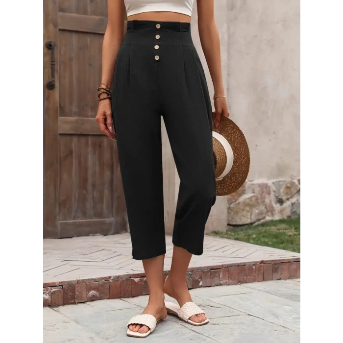 MDB Kadın Yüksek Belli önden Düğmeli Ithal Keten Pantolon
