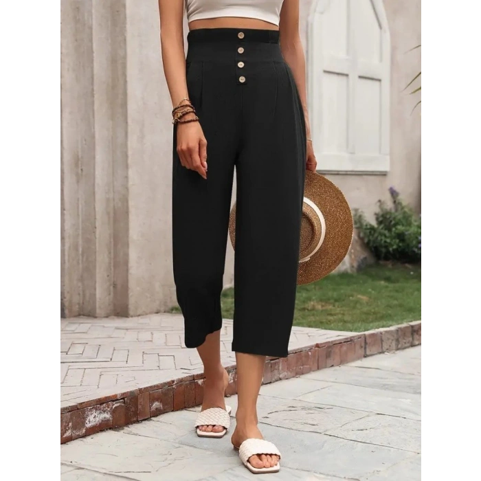 MDB Kadın Yüksek Belli önden Düğmeli Ithal Keten Pantolon