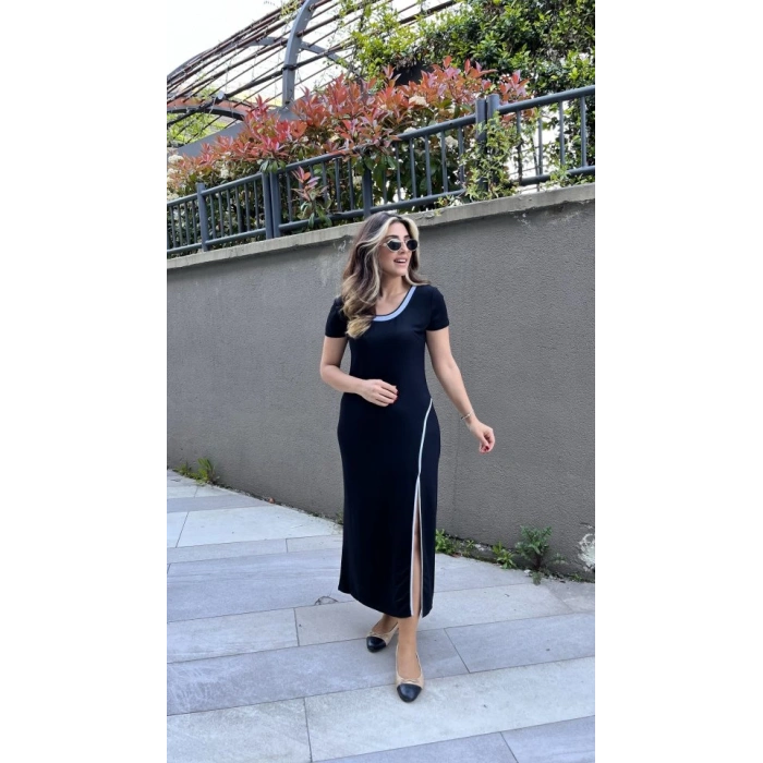 MDB Kadın Yuvarlak Ribana Yaka Beyaz Yırtmaç Detaylı Viskon Tam Boy Elbise