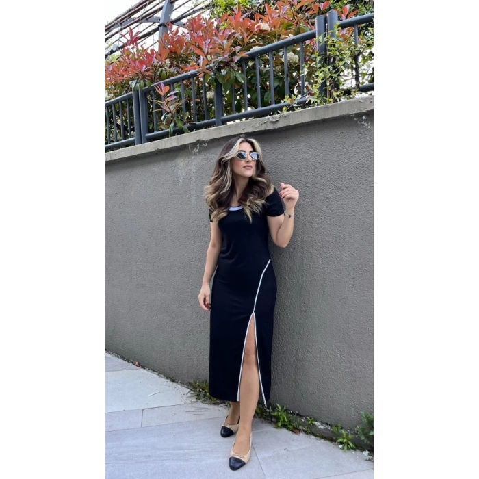 MDB Kadın Yuvarlak Ribana Yaka Beyaz Yırtmaç Detaylı Viskon Tam Boy Elbise