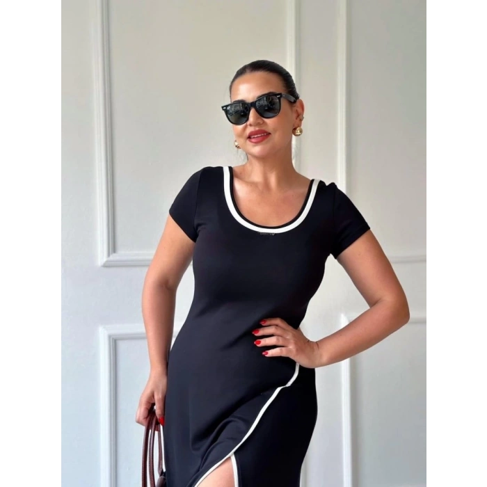 MDB Kadın Yuvarlak Ribana Yaka Beyaz Yırtmaç Detaylı Viskon Tam Boy Elbise