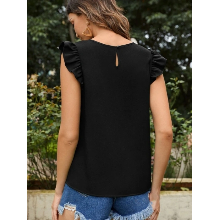 MDB Kadın Yuvarlak Yaka Kolları Fırfırlı Krep Bluz