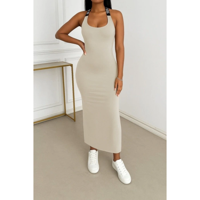 MDB Kadın Yuvarlak Yaka Sırttan çapraz şerit Love Detaylı Yırtmaçlı Viskon Elbise