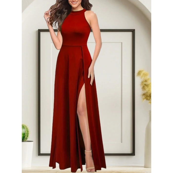 MDB Kadınhalter Yaka Derin Yırtmaç Detaylı Tam Boy Ithal Krep Abiye Elbise