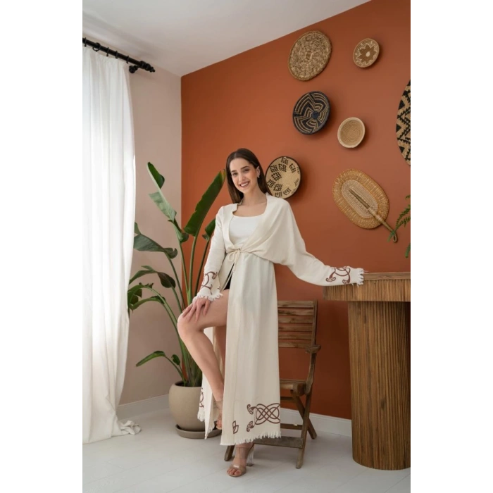 MDB Kahverengi Baskı Detay Keten Hırka