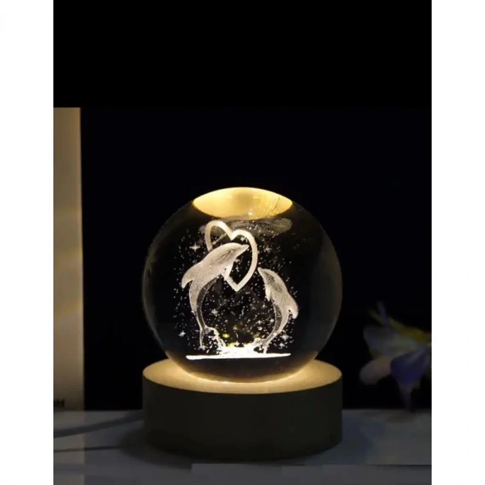 Kalp İçindeki Yunus Balıkları Renk Değiştiren Işıklı Cam Küre 8cm