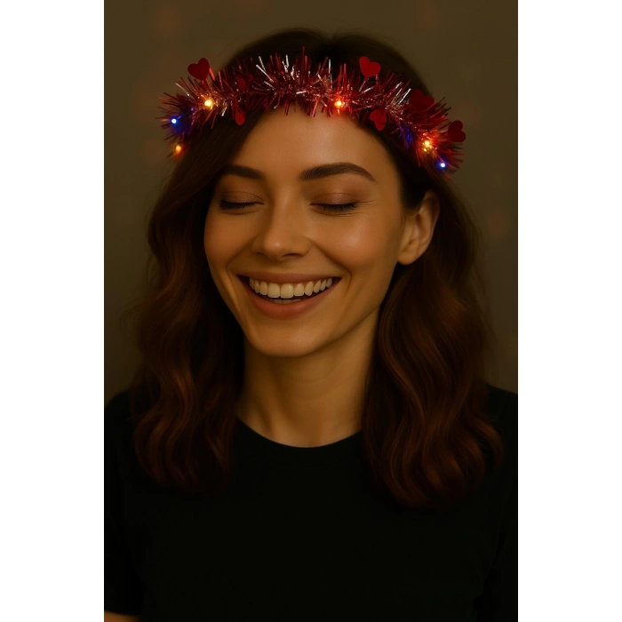 MDB Kalp Püsküllü 3 Modlu LED Işıklı Taç Kırmızı Renk