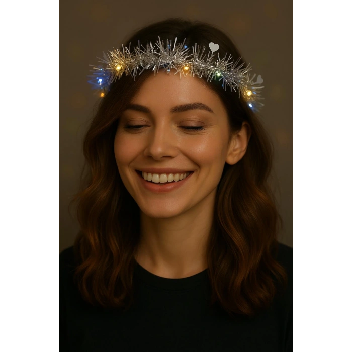 Kalp Püsküllü Gece Parıltısı 3 Modlu LED Işıklı Taç Gümüş Renk