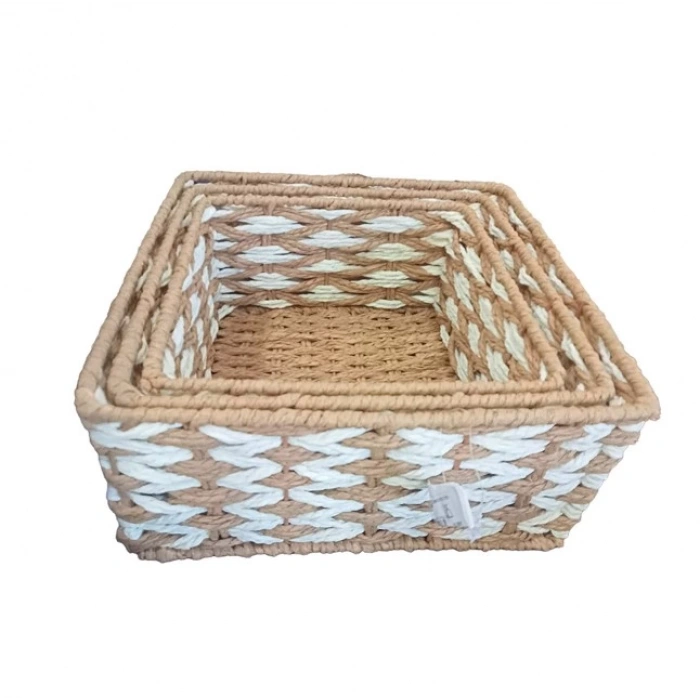 MDB Kare Örgü Desenli Doğal Hasır Sepet Seti - 3lü