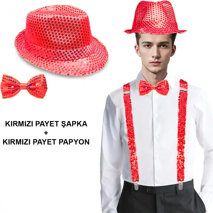 MDB Kırmızı Payetli Şapka ve Papyon Seti – Parıltılı Yetişkin Kostüm Seti