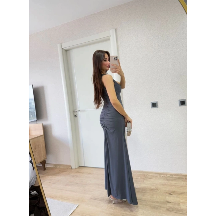 MDB Kolsuz Büzgülü Uzun Elbise  Füme