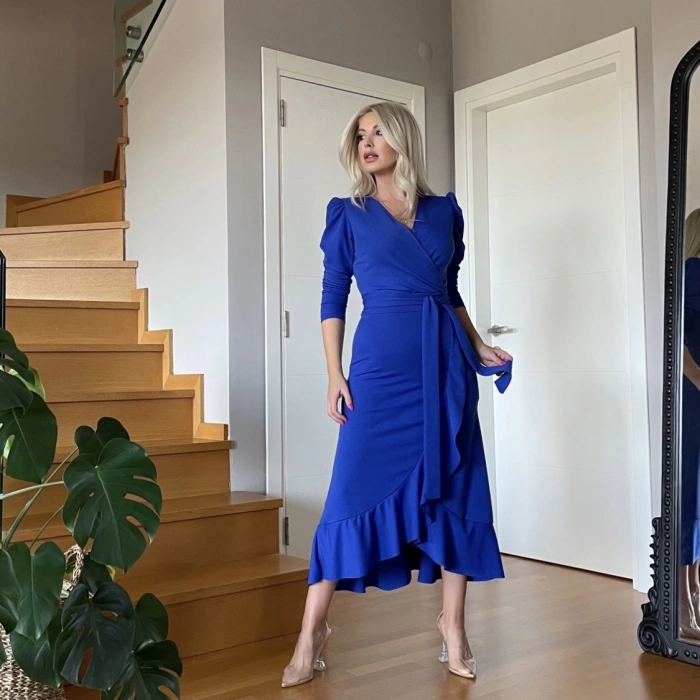 MDB Krep Kumaş idi Boy Kuşaklı Uzunkol Elbise