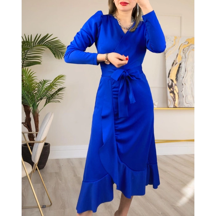 MDB Krep Kumaş idi Boy Kuşaklı Uzunkol Elbise