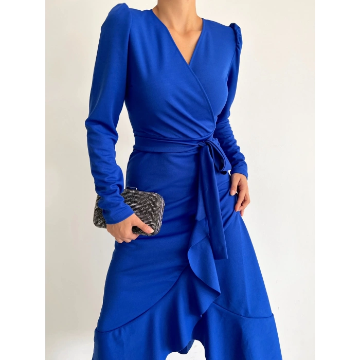 MDB Krep Kumaş idi Boy Kuşaklı Uzunkol Elbise