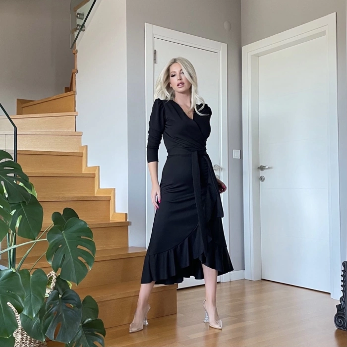 MDB Krep Kumaş idi Boy Kuşaklı Uzunkol Elbise 113 Cm