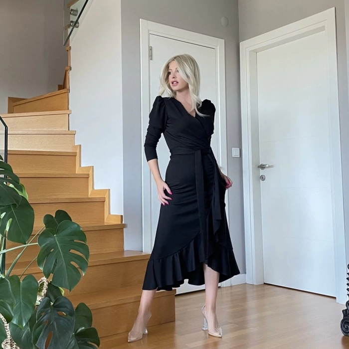 MDB Krep Kumaş idi Boy Kuşaklı Uzunkol Elbise 113 Cm