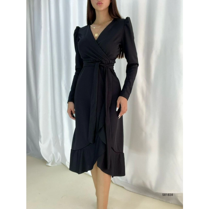 MDB Krep Kumaş idi Boy Kuşaklı Uzunkol Elbise 113 Cm