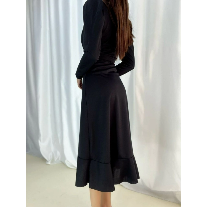 MDB Krep Kumaş idi Boy Kuşaklı Uzunkol Elbise 113 Cm