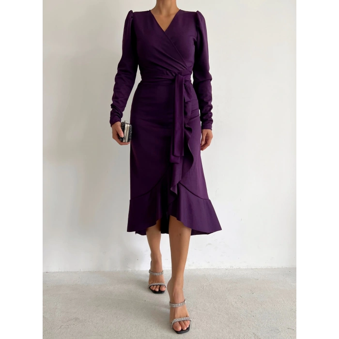 MDB Krep Kumaş idi Boy Kuşaklı Uzunkol Elbise