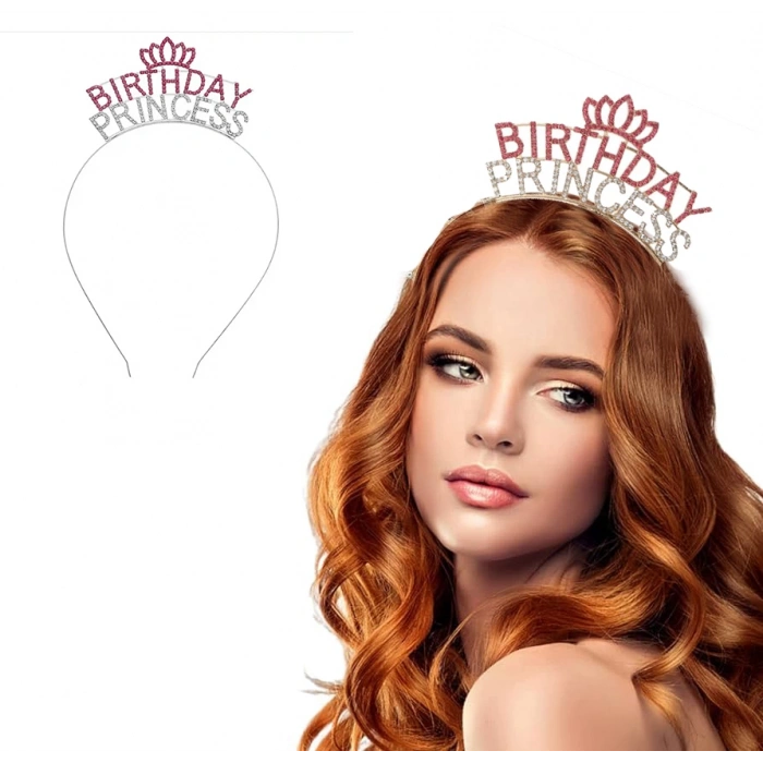 MDB Kristal Taşlı Birthday Princess Yazılı Parti Tacı Pembe Renk