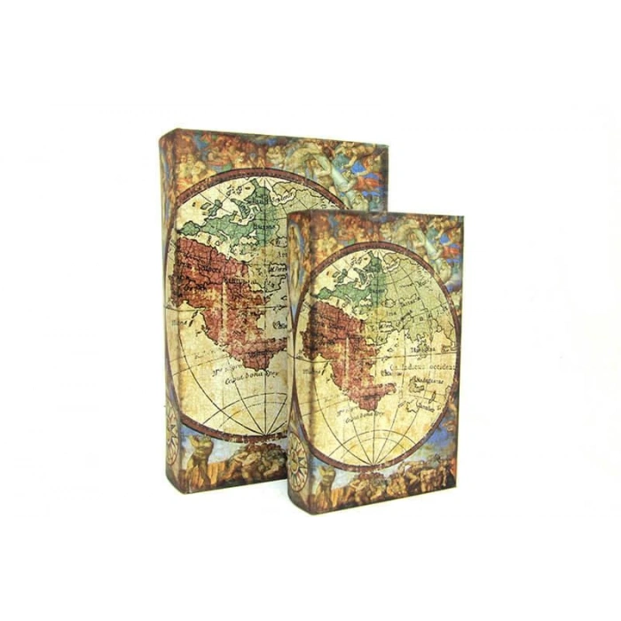 Kutu Kitap Harita 2li Set Kitap Kutusu Dekoratif Hediyelik