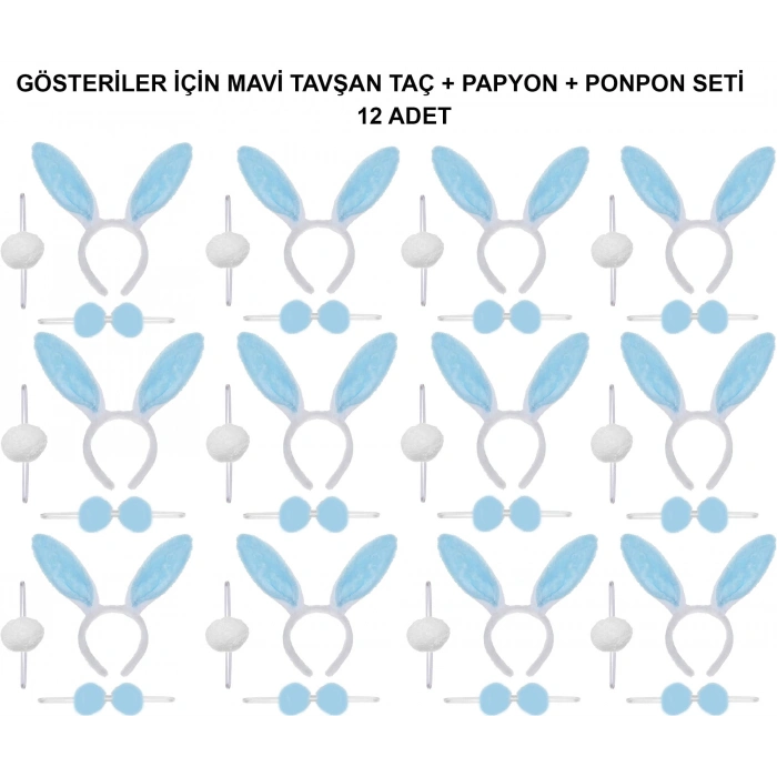 Mavi Tavşan Kostüm Seti – Taç, Papyon, Ponpon (12’li Paket)