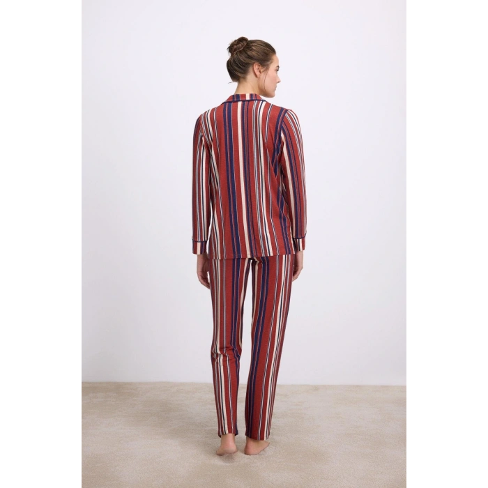 MDB %100 Modal Uzun Kollu Düğmeli Çizgili Pijama Takımı