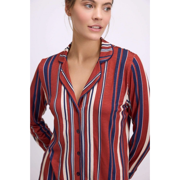MDB %100 Modal Uzun Kollu Düğmeli Çizgili Pijama Takımı