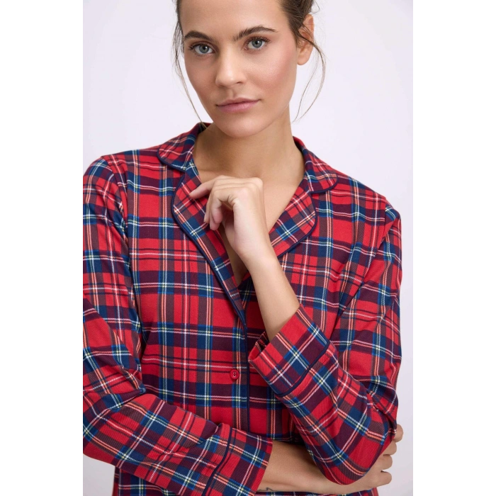 MDB %100 Pamuklu Uzun Kol Düğmeli Gömlek ve Ekose Pantolon Pijama Takımı