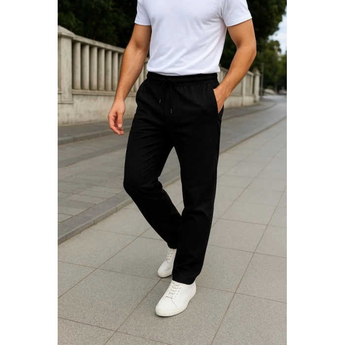 MDB Erkek Keten Pantolon – Cepli, Beli astikli Ve Bağcıklı, Nefes Alan Rahat Kalıp, Yazlık Ve Baharlık Günlük Giyim, Şık  Konforlu Boru Paça odel  iyah