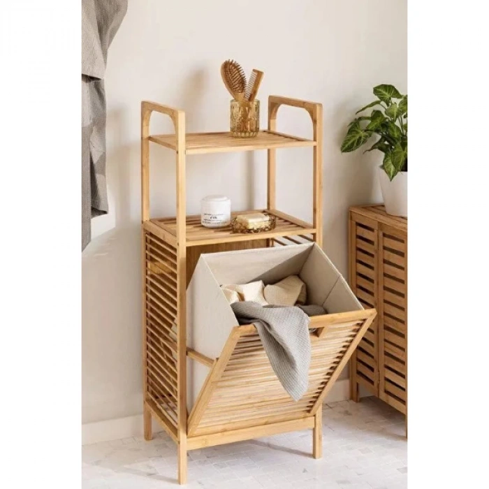 MDB 2 Organizer Raflı Ahşap Bambu Çek-Aç Kirli Sepeti