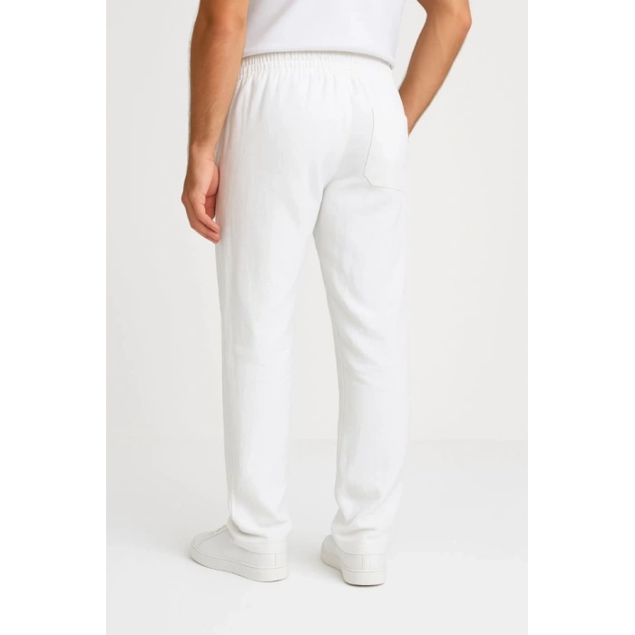 MDB Erkek Keten Pantolon – Cepli, Beli astikli Ve Bağcıklı, Nefes Alan Rahat Kalıp, Yazlık Ve Baharlık Günlük Giyim, Şık  Konforlu Boru Paça odel  Beyaz