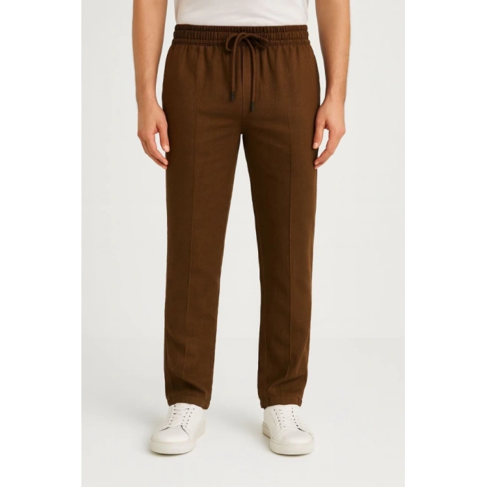 MDB Erkek Keten Pantolon – Cepli, Beli astikli Ve Bağcıklı, Nefes Alan Rahat Kalıp, Yazlık Ve Baharlık Günlük Giyim, Şık  Konforlu Boru Paça odel  Kahverengi