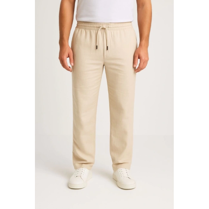 MDB Erkek Keten Pantolon – Cepli, Beli astikli Ve Bağcıklı, Nefes Alan Rahat Kalıp, Yazlık Ve Baharlık Günlük Giyim, Şık  Konforlu Boru Paça odel  Bej