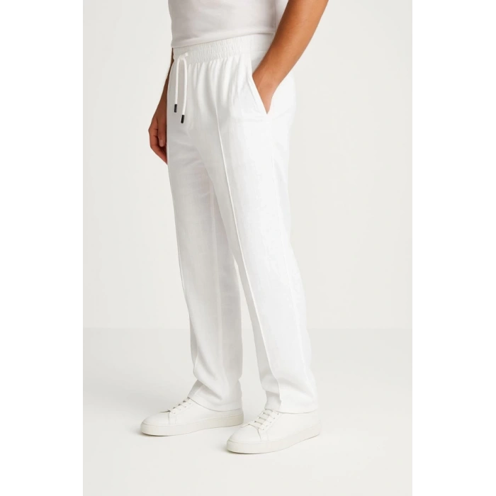 MDB Erkek Keten Pantolon – Cepli, Beli astikli Ve Bağcıklı, Nefes Alan Rahat Kalıp, Yazlık Ve Baharlık Günlük Giyim, Şık  Konforlu Boru Paça odel  Beyaz