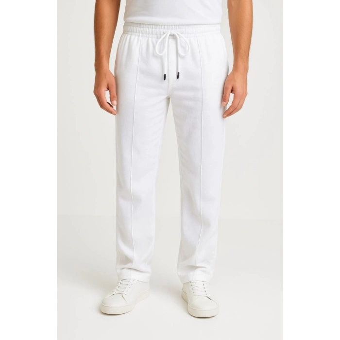 MDB Erkek Keten Pantolon – Cepli, Beli astikli Ve Bağcıklı, Nefes Alan Rahat Kalıp, Yazlık Ve Baharlık Günlük Giyim, Şık  Konforlu Boru Paça odel  Beyaz