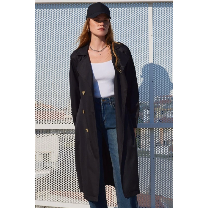 MDB 5853 Kruvaze Yaka Trençkot  Siyah