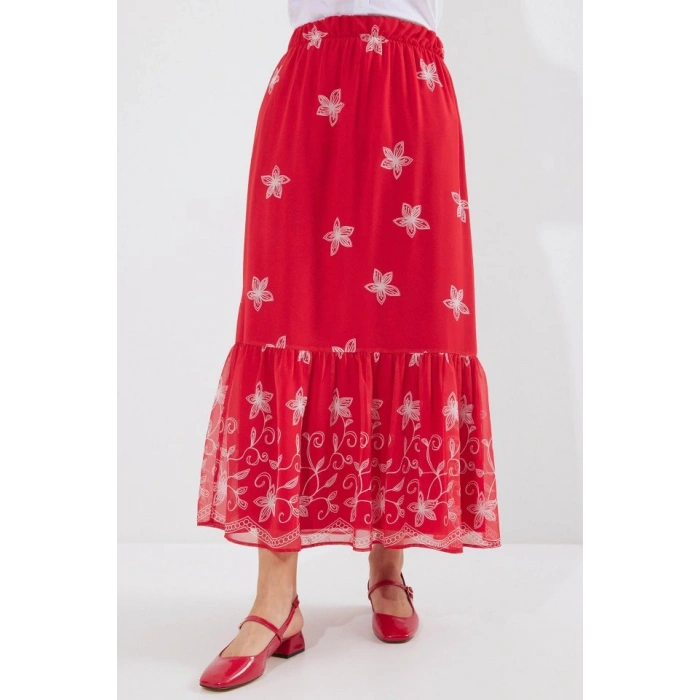 MDB 8010 Desenli Şifon Etek  A.Kırmızı