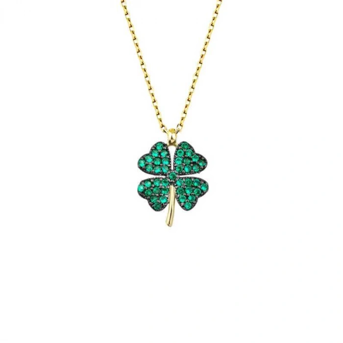 MDB 925 Ayar Gümüş Gold Dört Yapraklı Yonca Kadın Gümüş Kolye