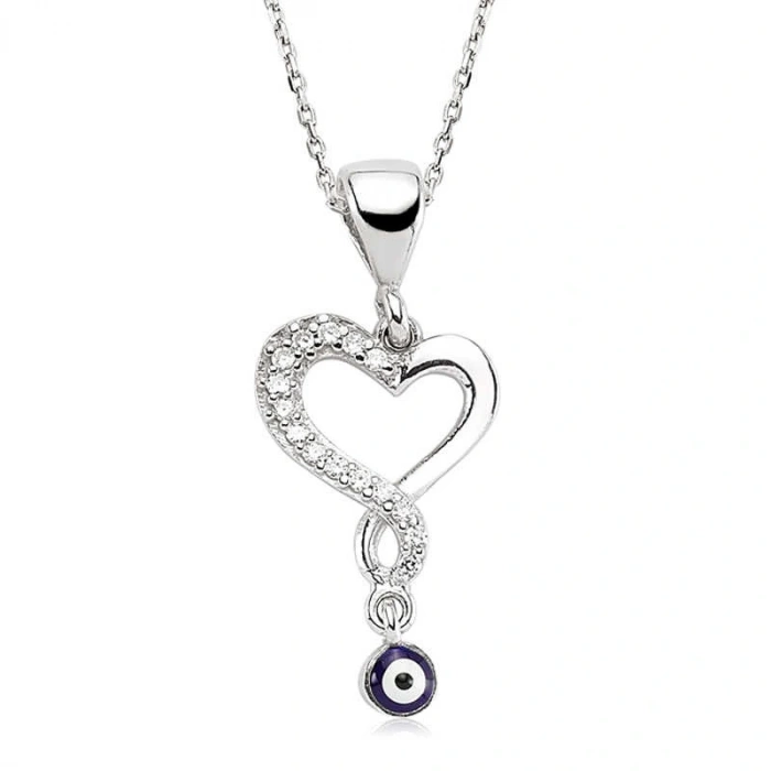 MDB 925 Ayar Gümüş Nazarlı Kalp Kadın Gümüş Kolye