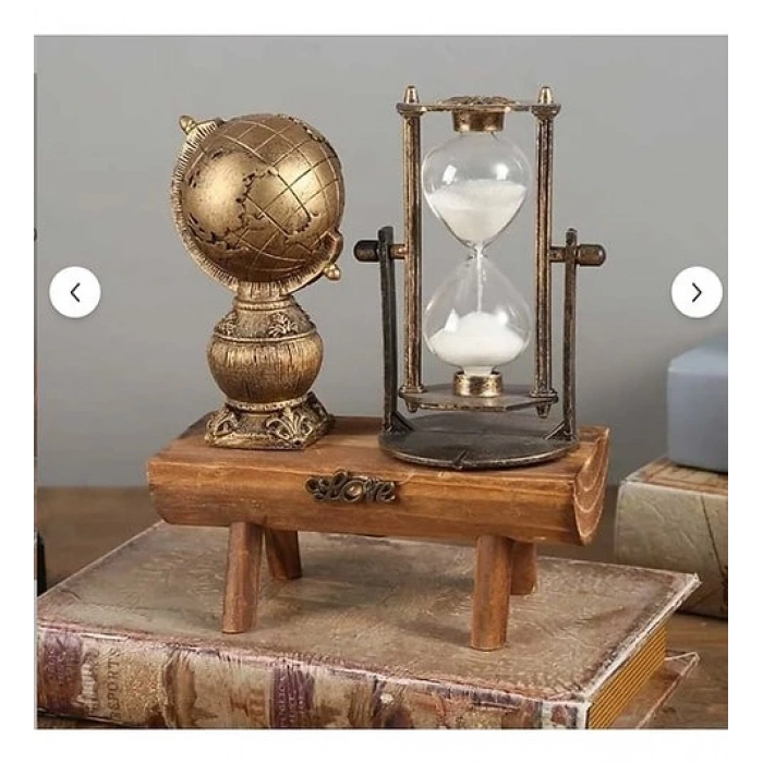 MDB Ahşap Ayaklı Dekoratif Kum Saati ve Dünya Biblo Seti S-17