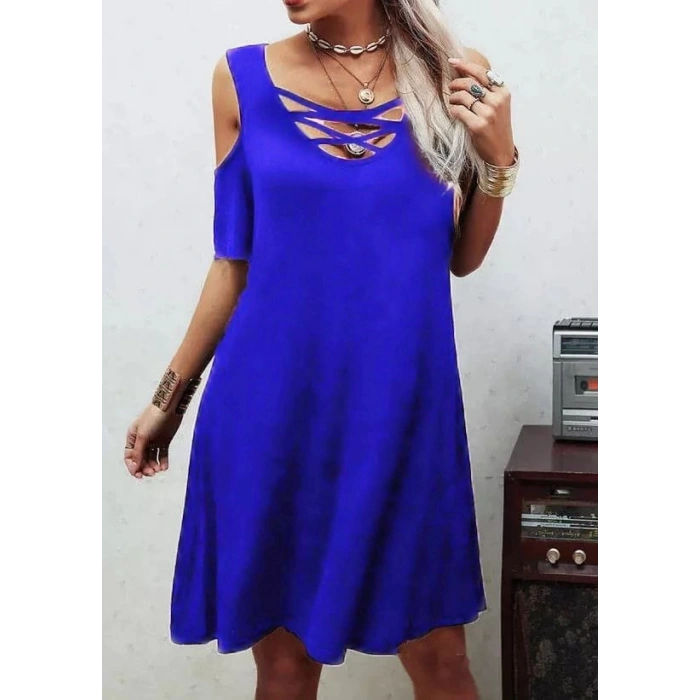 MDB Dekolteli Bağcık Detay Viskon Kumaş Elbise