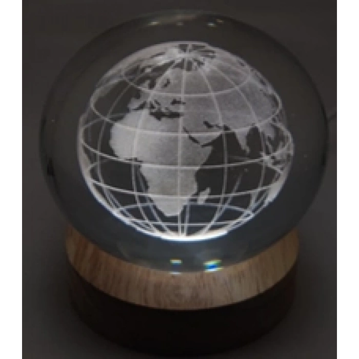 MDB Dekoratif Dünya Tasarımlı Ahşap altlıklı Işıklı Cam Küre Büyük Boy Cam:8cm Ahşap:2cm