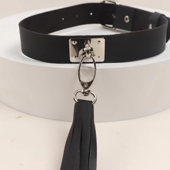 MDB Deri Fırfırlı Choker Harness Kolye Siyah
