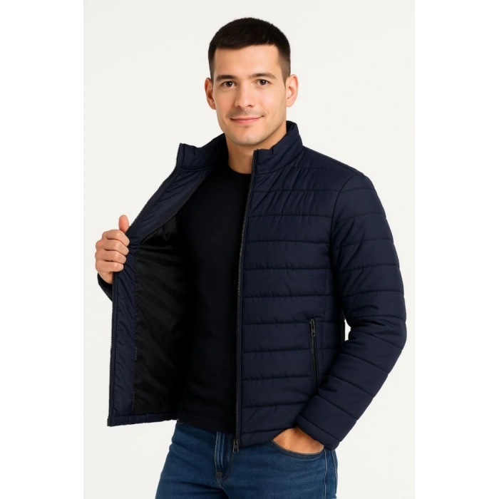 MDB Erkek Bomber ont Ceket – u İtici Kumaş, Kapitone Astarlı, Fermuarlı, Kışlık  acivert