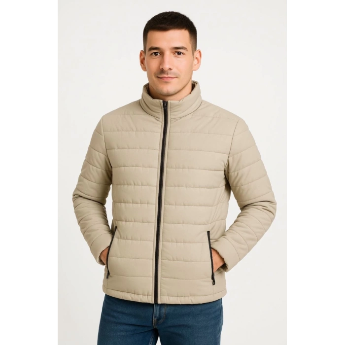 MDB Erkek Bomber ont Ceket – u İtici Kumaş, Kapitone Astarlı, Fermuarlı, Kışlık  Bej
