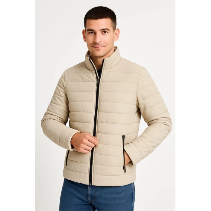 MDB Erkek Bomber ont Ceket – u İtici Kumaş, Kapitone Astarlı, Fermuarlı, Kışlık  Bej