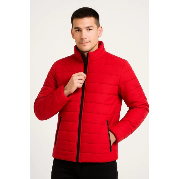 MDB Erkek Bomber ont Ceket – u İtici Kumaş, Kapitone Astarlı, Fermuarlı, Kışlık  Kırmızı